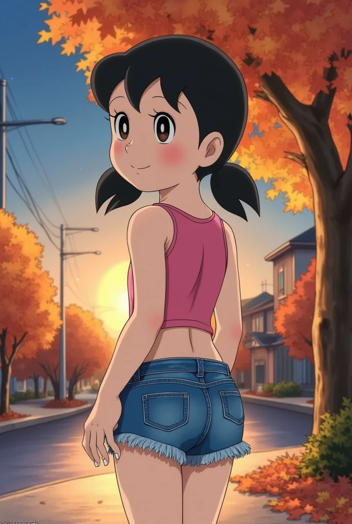 Actual image, Alone,  Very Young Very ish，Small ren，  look for an elementary school girl ， Very short stature， flat chest，Very short legs，Thin limbs， sheer tank top and denim cutoff with fringed hem. Thin thighs and a small round ass, beautiful, colorful, Super detailed, 16k, Ghibli style，Autumn Night，Beautiful sunset， fall leaves for vaginal discharge