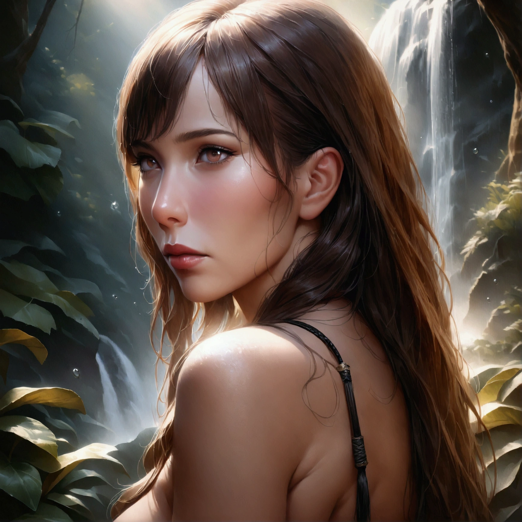 A highly detailed and realistic portrait of naked Tifa Lockhart, a beautiful young woman with long brown hair, standing in a lush, dreamlike landscape at night, her piercing red eyes filled with intensity, bathed in soft, dramatic lighting with delicate rays and particles of light, her nude form accentuated by the depth of field and side lighting, masterfully rendered in a cinematic, photorealistic style.