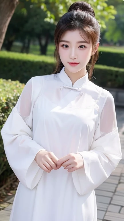 a woman in a white dress holding a cup and saucer, with acient chinese clothes, qipao, Traditional Chinese clothing, chinese dress, Chinese style, royal palace ， A girl in Hanfu, gorgeous chinese model,multicolored hair, Shy, superrealistic, Cinematic lighting, Lens flare, f/1.8, 4K, Textured skin