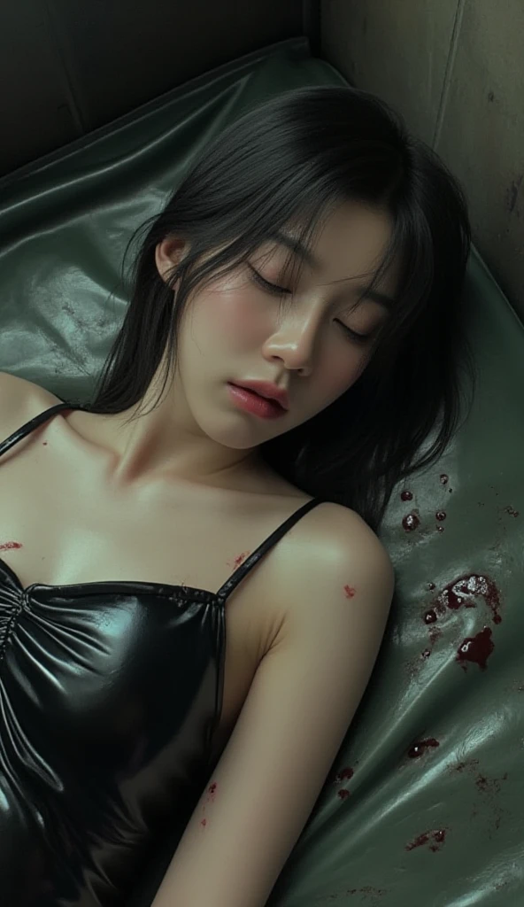  Asian woman wearing a full latex dress ,Sleeping eyes on a rubber bed ,  on her body there are small scars, holes piercing the rubber suit, bleeding