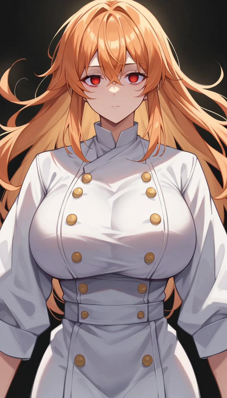 score_9, score_8_up, score_7_up, score_6_up, score_5_up, score_4_up, BREAK source_anime,1girl,erina nakiri, long hair, orange hair, hair between eyes,(Red eyes), glowing eyes,Huge breasts,((empty eyes)),Expressionless,(stand up), ((Black chef uniform 1.1)), cowboy shot, black background, simple background,