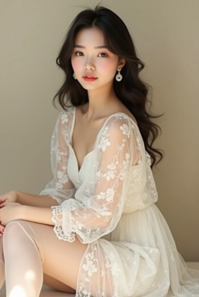 there is a woman standing in a room with a dress on, flowy, Summer, florals, frock, Very cute, white!!, Floral Dresses, Vintage atmosphere, Full length view, A flowing dress, dreamy style, airy, romantic dress, wearing a flowing sundress, , Vintage Glow,feminine makeup, ((Feminine straight long hair, Brown hair color, oblique bangs: 1.5))
