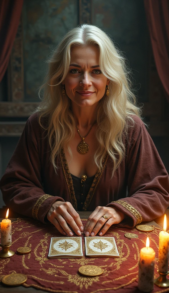 top quality, masterpiece, hi-res, 1 topless woman, 35 years old, Norwegian, western style fortune teller outfit, hair ornament, necklace, jewelry, beautiful face, calm smile, upon_body, Tyndall effect, photorealistic, divination room, candles on table, tarot cards, rim lighting, two tone Lighting, (High Definition Skin:1.2), 8k uhd, DSLR, soft lighting, high quality, volumetric lighting, candid, photography, high resolution, 4k, 8k, bokeh