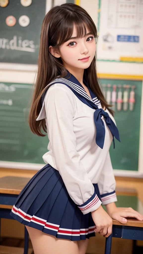 Japanese Ido ,((cute ,Baby Face:1.2)),(8K, Raw photo, Ultra-detailed, highest quality:1.2), (Realistic, Photorealistic:1.4), Extremely detailed, 超A high resolution ,beautiful, ,Highly detailed face and eyes,Glowing Skin,(Professional Lighting,Soft Light, Sharp focus, Depth of written boundary、((Blonde))、 ( high school girl:1.3),(smile:1.3),uniform,mini skirt、raise your index finger、、beautiful girl、whole body、Pleated skirt、Sailor suit、、one person、(artificial human world18No. hairstyle),Sit on a chair、panties