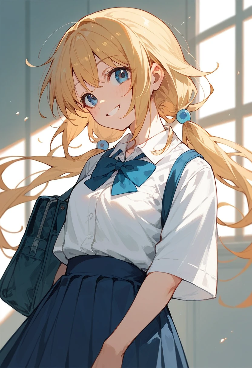 hachimiya meguru, 1girl, blonde hair, low twintails, long hair, blue eyes, school uniform,
white shirt,
blue skirt, smile,