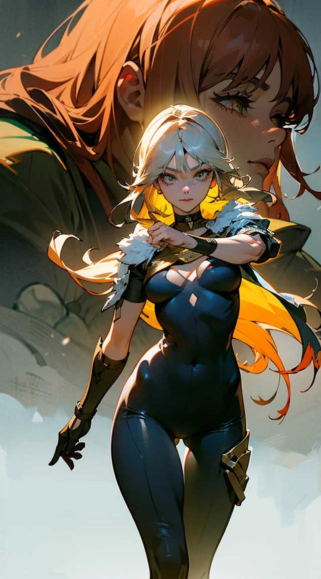1girl,20s,mature female,long hair, white hair,curly hair,yellow eyes,(angry face),medium breasts,show belly,cleavage,horns,elf ears,((yellow scarf)),(((white background))),(black tank top,black pencil skirt,black leather pants),standing,crossed arms,open mouth,