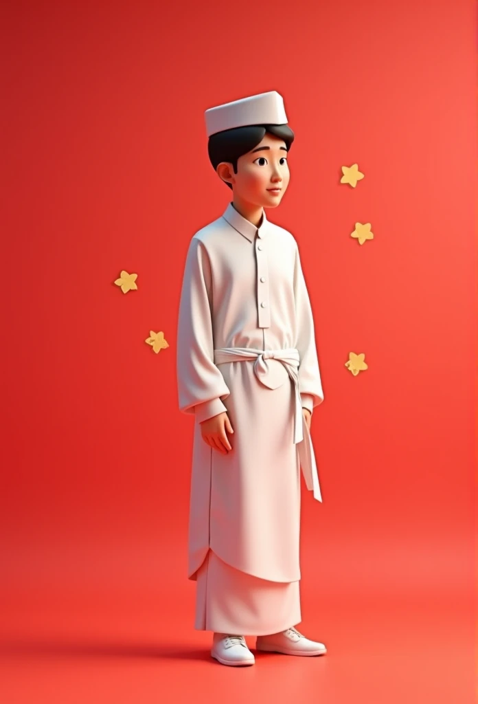 a young man wears songkok,gradient soft red background,wearing white cloth,full-body,long-shot,photo studio,3d cartoon,pixar art style,3d render,illustration style,fantastic,