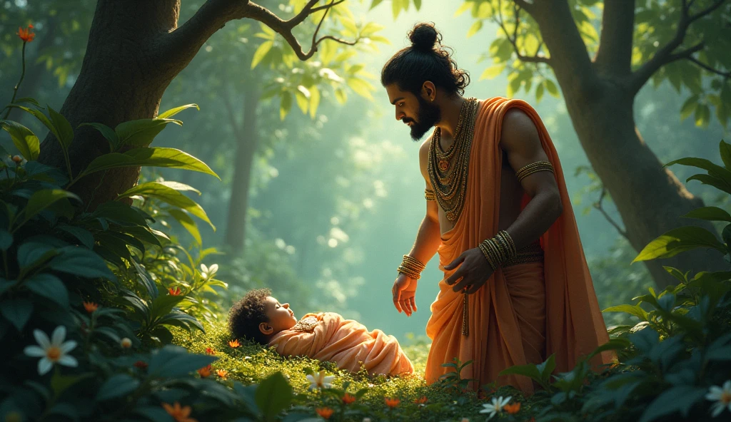 The small, peaceful village of Gokul, with traditional huts. Vasudeva quietly enters Nanda's house. Yashoda is asleep with a baby girl by her side. Vasudeva gently swaps the babies and places Krishna beside Yashoda. The scene is serene and filled with divine light, symbolizing the significance of this event.
Scene 5: Kansa’s Rage