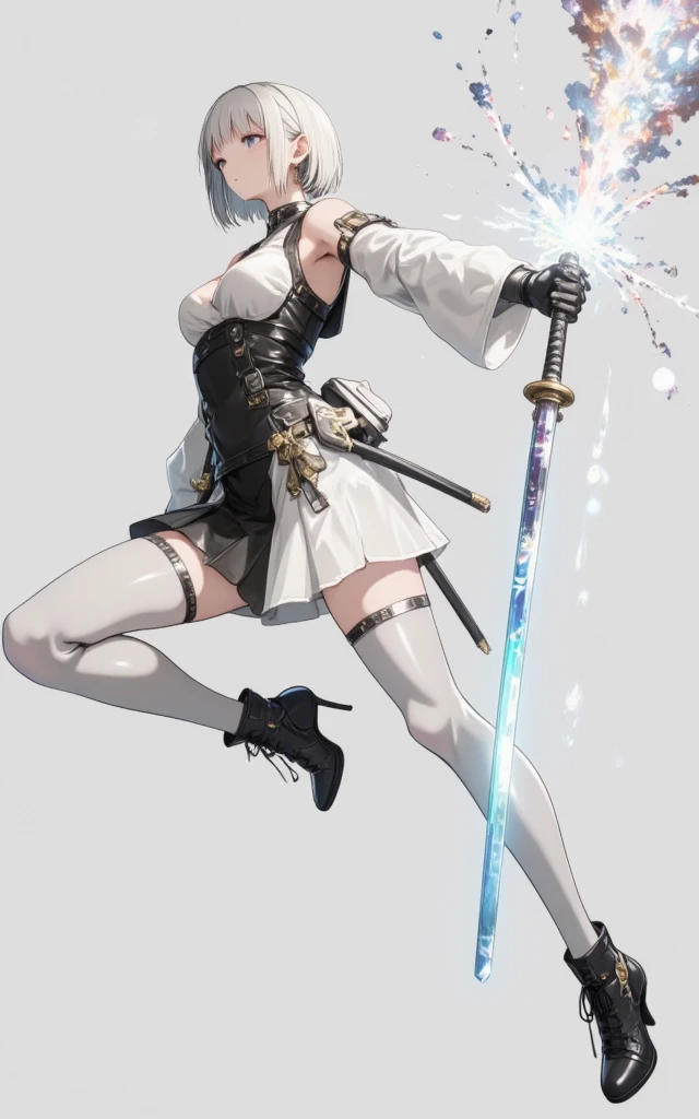 1girl,solo,full body, white hair, short hair,armed,holding 1 japanese katana sword, katana is shining, katana is exploding, the blade emitter burst energy, glow sword,glowing,illusion light,bright,photon mapping,global illumination, translucent,volumetric light, energy burst,heels, white dress, tights, look st viewer , katana raised up, dark background, black background, 