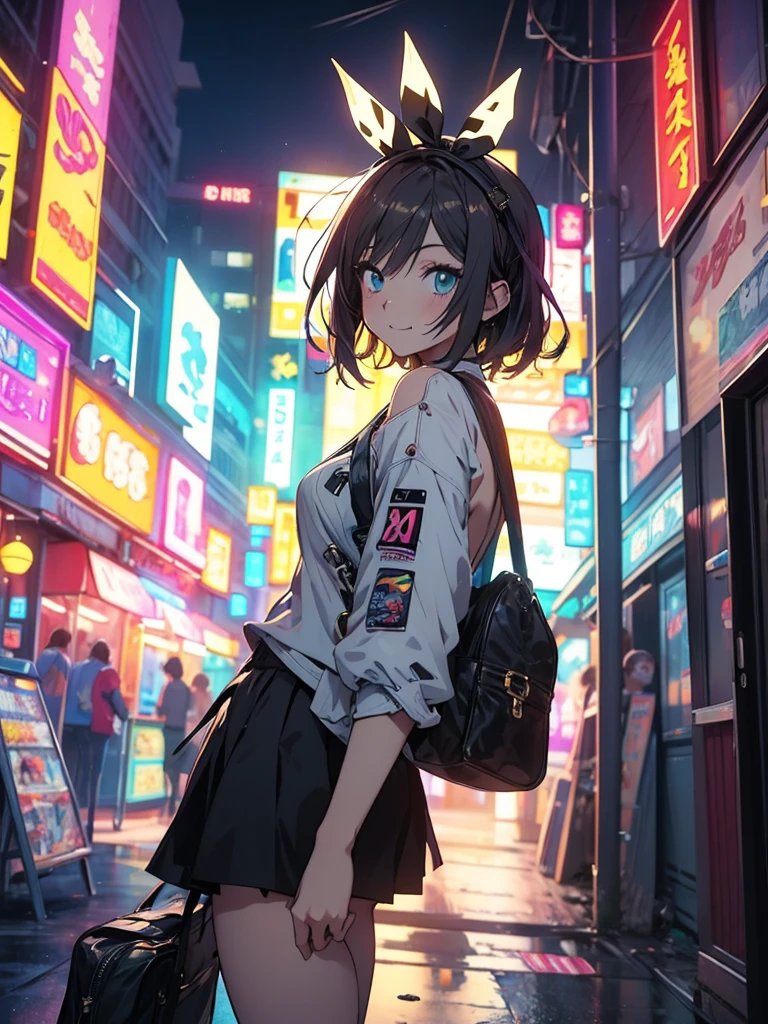 Masterpiece picture quality，Rainbow，Urban girl，ssmile，number art，style of anime，Retro anime girl，Punk girl，in an anime style，dual horsetail，Trendy，neonlight，depth of fields, Desde un lado, Primer plano, apoyada de espaldas contra la pared