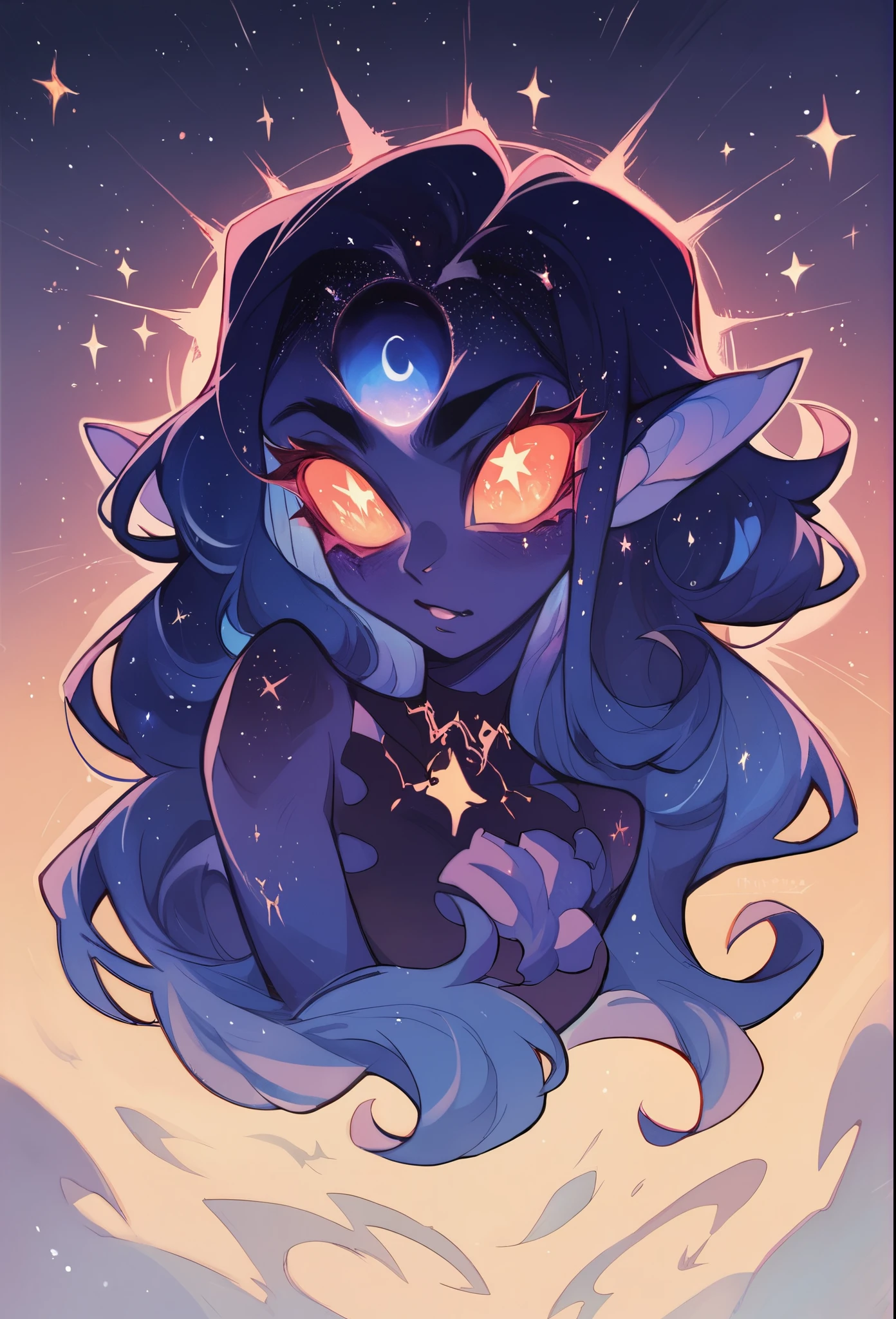 A shy female alien with light colored Midnight purple skin, curly/fluffy Dark blue hair with white glittered tiny stars that’s shoulder length, doe shaped Midnight blue eyes with star shaped pupils that are glowing pastel yellow, Pear body shaped; Small breast with wide hips, thick butt and thighs, Diamond shaped freckles on cheeks that shimmers, yellow tongue, Thick big tail which is 6ft long on her lower back, have dog hind-limbs with four toes and a dewclaw, long pointed elf ears