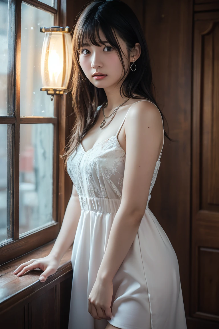 (in 8K、Raw photography、Highest Quality、realisitic、Photorealsitic、Professional Lighting、masterpiece、extremely delicate and beautiful、Highly detailed、finely detail、ultra-detailliert、hight resolution、beautiful and detailed face、Textured skin、full-shot:2、low angles:1.5)、1girl in、独奏:2、beautiful model、美丽的面容:1.5、White Dress、a short skirt、Black panties:2、Roll up the dress、Long body、college aged、22year old、Good posture、brown curled head hair、high-heels、Accessories for the neck and hands、Back alley