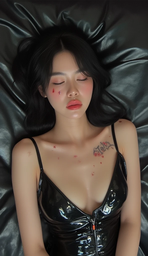 An Asian woman wearing a full latex dress, sleeping her eyes on a latex bed, where on her body there are small scars, holes pierced on the dress, bleeding.