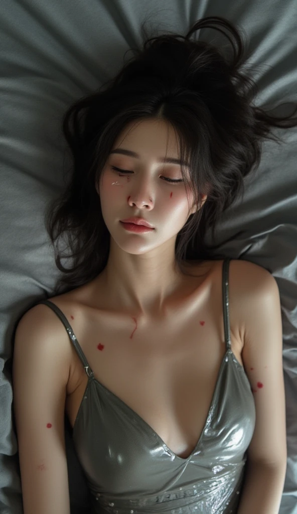 An Asian woman wearing a full latex dress, sleeping her eyes on a latex bed, where on her body there are small scars, holes pierced on the dress, bleeding.