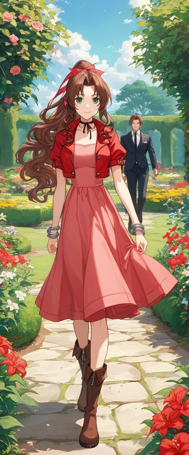 masterpiece, best quality, 8k, 4k, 1girl, aerith gainsborough, brown hair, high middle bang, longer side curly bang, long tight curly ponytail, green eyes, red hair ribbon, red bolero jacket, short sleeve jacket, cropped jacket, black tie choker, long pink straight dress, brown boots, bangles, walking in a garden, flowers, detailed background,, inspired by Asukaziye artist : ask, art style : ask