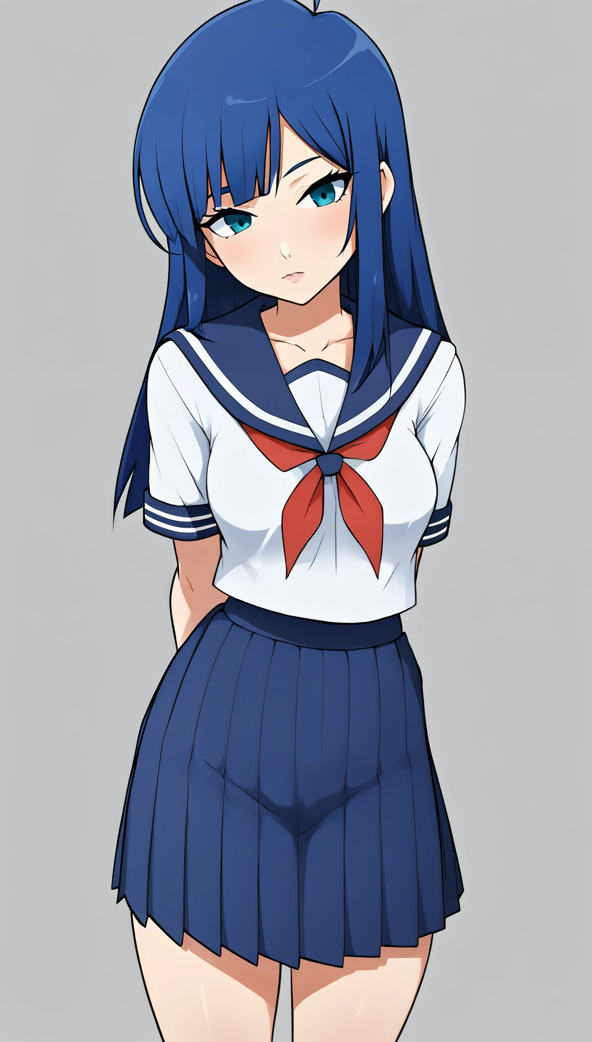 Japanese high school girl, sailor uniform, pleated skirt, adult manga depiction, blue bob hair, head tilt, forward leaning posture, cleavage, modesty, sexy, attractive body, ripe flesh, bare feet, white knee-high socks, writhing body, mischievous face, erotic manga depiction, nsdw, arms behind back, fidgeting, background is a port town in the distance looking down from a hill