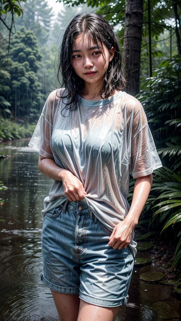 "A beautiful 17-year-old Korean woman, crying, caught in the rain with wet clothes, wearing a t-shirt, wavy bob hair, being grabbed from behind by a 40-year-old Indonesian man with a creepy smile. The background shows a forest scene with tall trees, realistic."