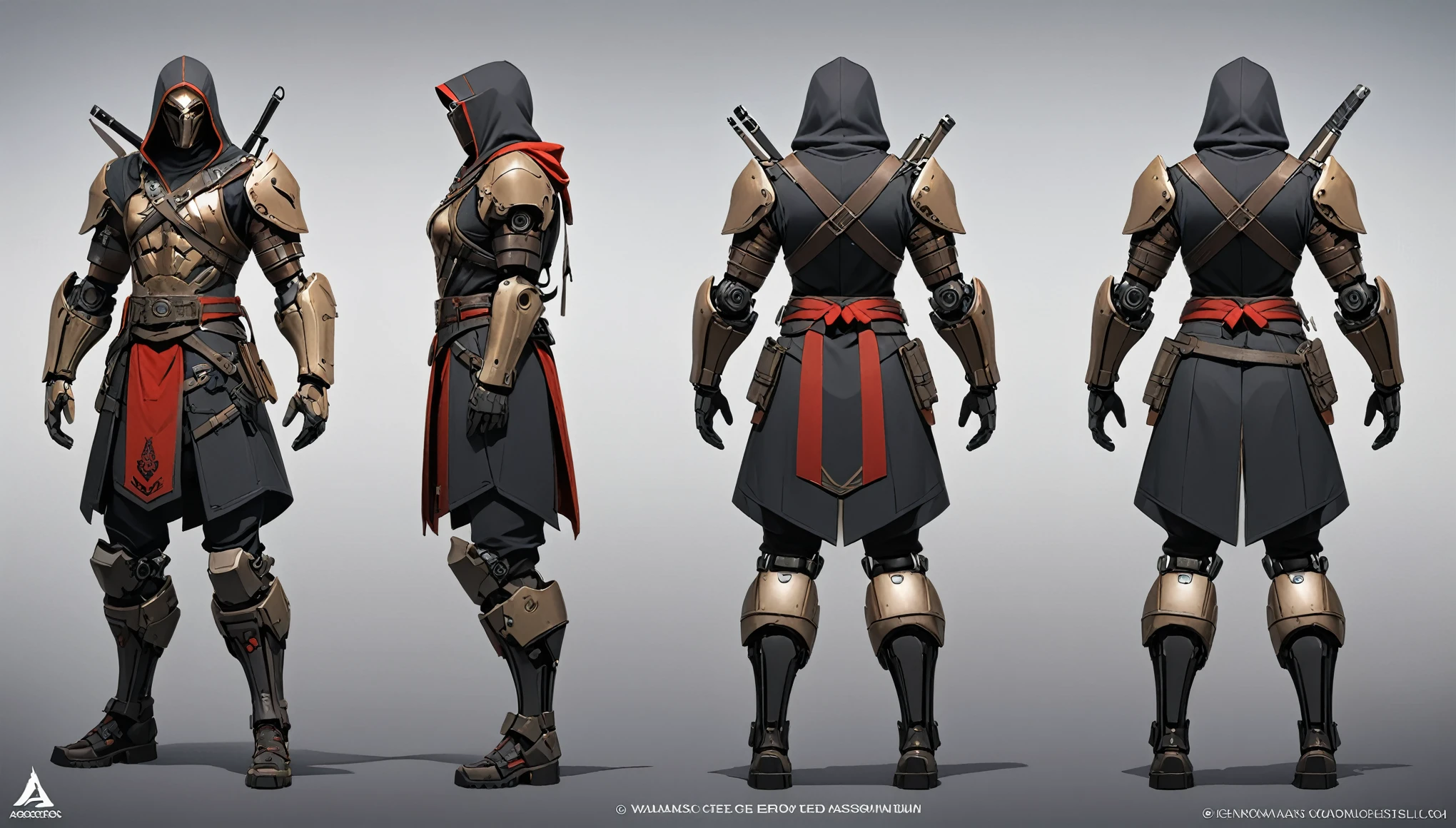 Assassin&#39;s Creed，Professional Assassin ，Wasteland style，Mechanical prosthesis， Virtual Character Design，Genji  （Three views）