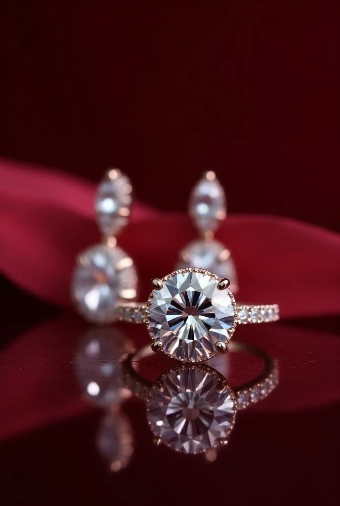 A luxurious close-up of small diamond jewelry, featuring a single diamond ring and sparkling diamond earrings. Each piece shines with intricate, glittering details against a rich, dark red background. The diamonds catch and reflect light beautifully, creating a glamorous effect. The upper part of the background is left clear to allow space for text.
