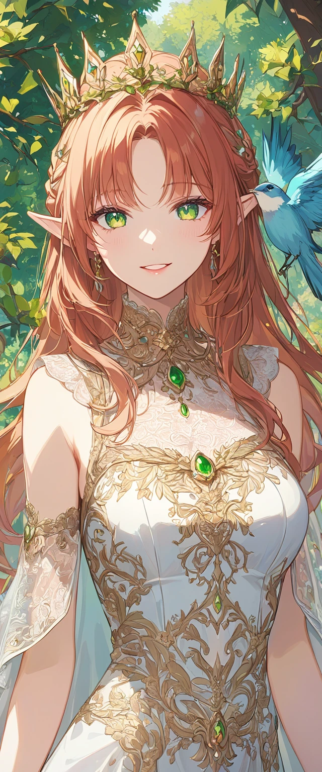 masterpiece, best quality, 8k ,4k , 1girl, elf queen, blond reddish hair, green eyes, big chest, gold wreath crown, hair ornament, finely detailed eyes and detailed face, looking at viewer, white sleeveless, Lace dress, patterned clothes, gold embroidery clothes, meticulous clothes, mature clothes, transparent cape with lace, majestic looks, smiling gently, small bird, full body, big tree background, inspired by Asukaziye artist : ask, art style : ask