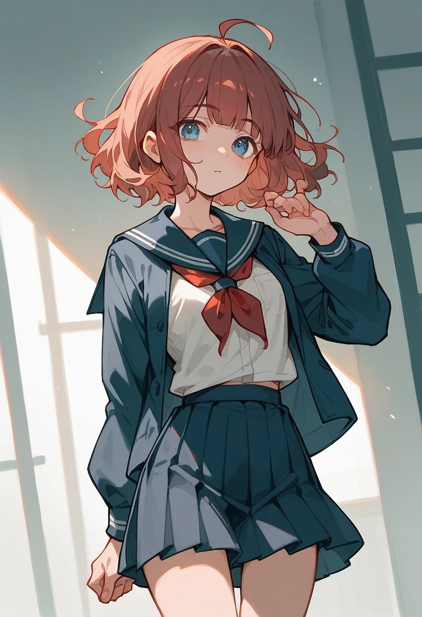 1girl, solo, suou momoko, ahoge, short hair, blue eyes, eyebrows visible through hair, wavy hair, blunt bangs, school uniform, JK, 