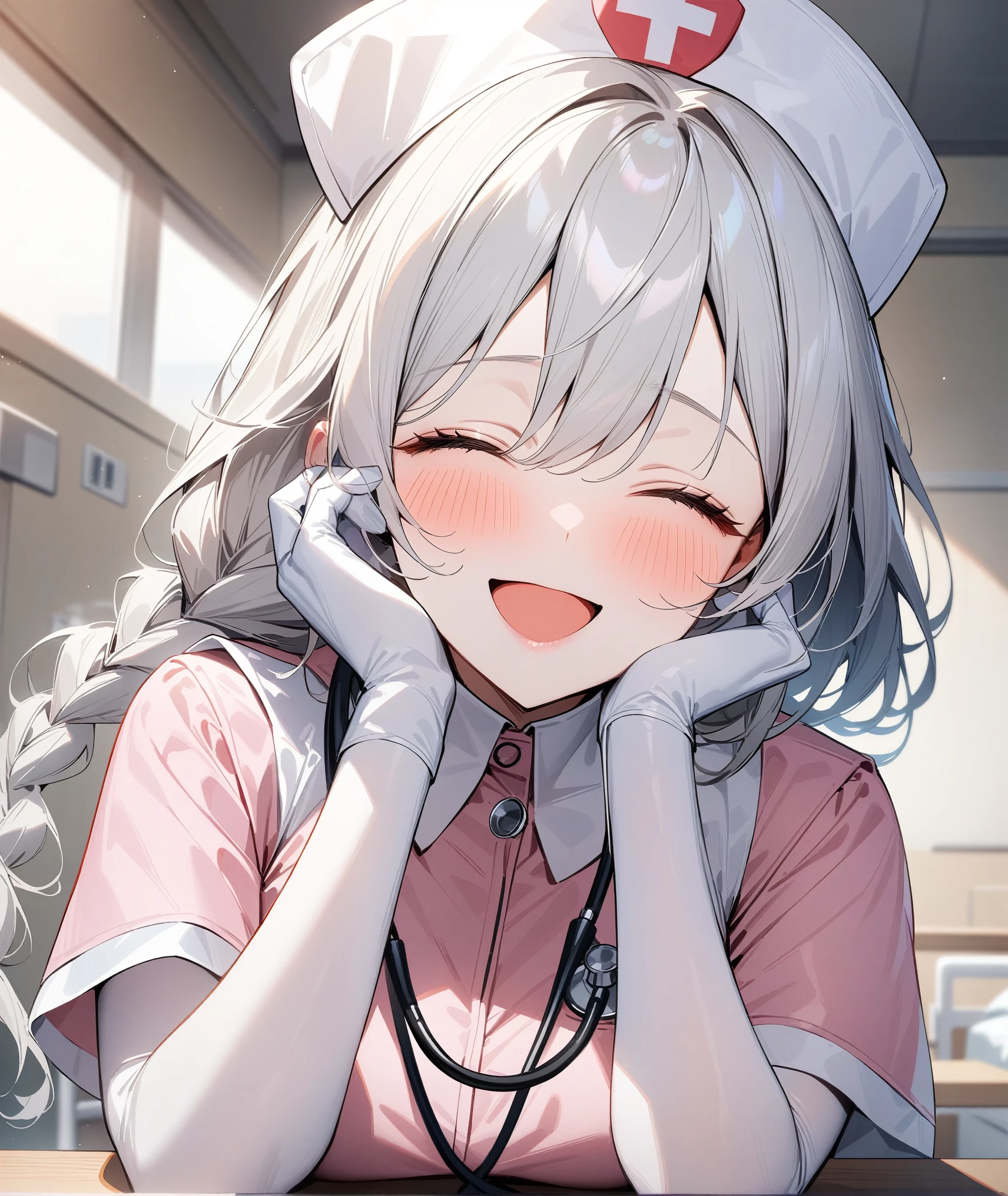 (((masterpiece))), cute nurse woman, bangs bangs, prone on bed, handjob penis, cum on lip, projectile sperm, facial, pouting face, tear eyes, buttocks up, 