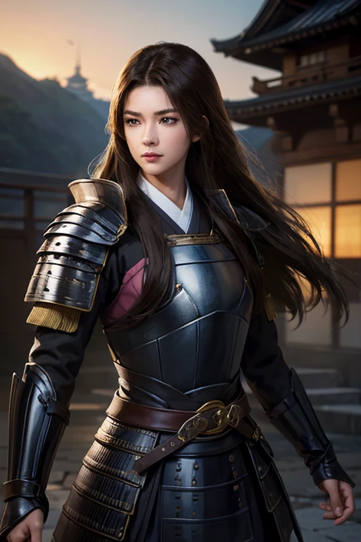 wearing armor, One teenage female, wearing armor, Long Hair, brown hair, black Eyes, dilated pupils, Light makeup, tite waist, full body, hair over eye, kind expression, holding big sharpsword, Inside an old Japanese castle in the background, anime, cinematic lighting, cowboy shot, UHD, retina, masterpiece, accurate, anatomically correct, textured skin, super detail, high details, high quality, award winning, best quality, highres, 8