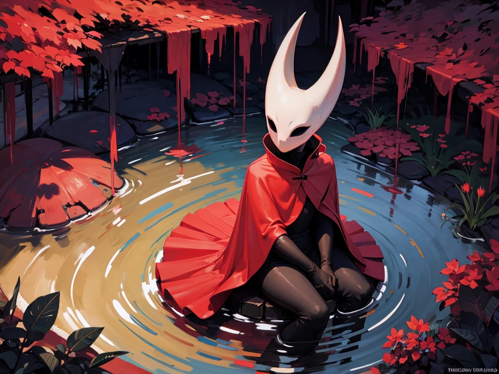 Hornet, red cloth cloak, 1boy, sitting on back, water pond, underground, underground cave, no sunlight, dark, femboy