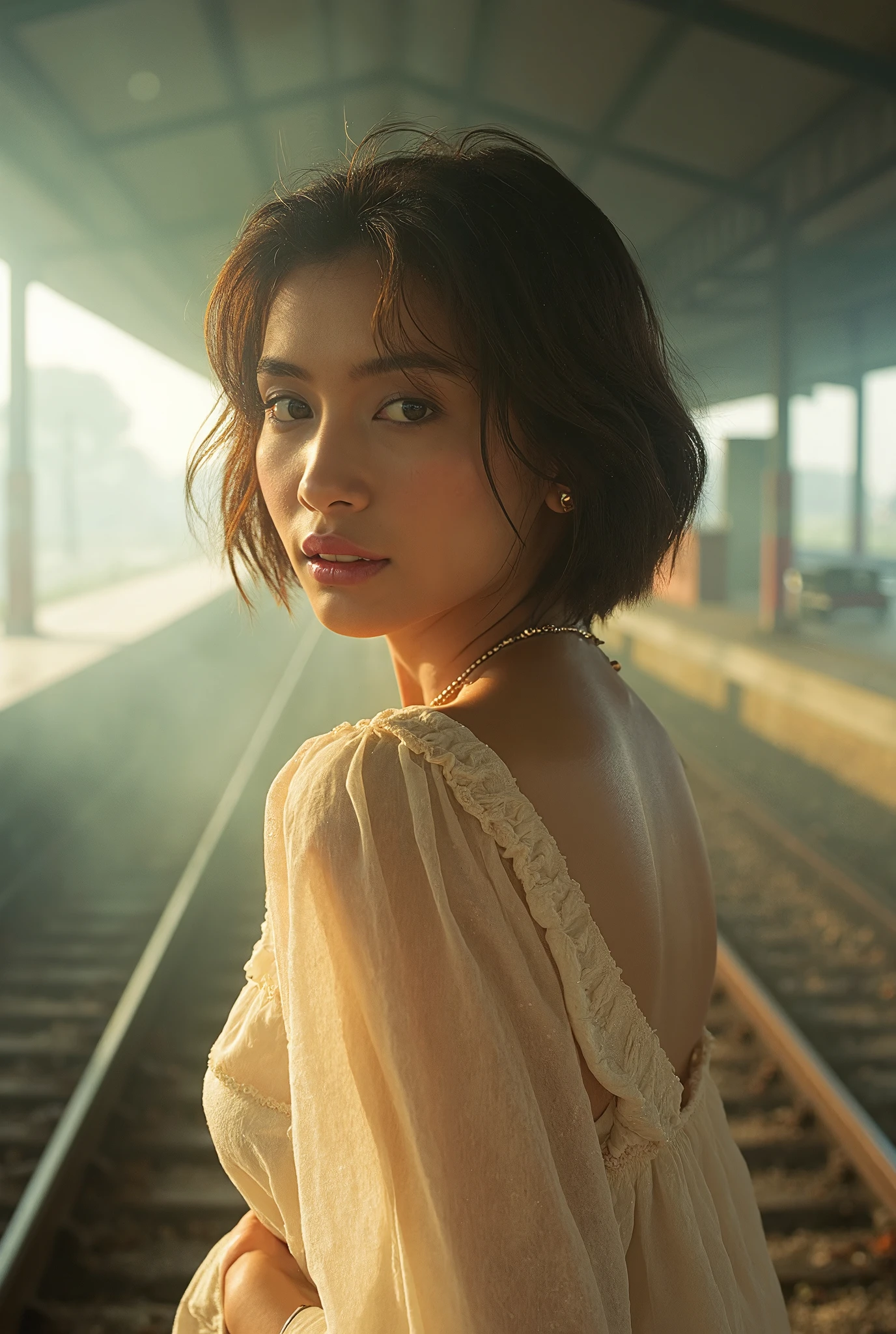 A full-body portrait of a young Thai woman standing in a railway station, looking sideways with a dreamy, cinematic gaze. Sunlight filters down, illuminating parts of her face and adding a soft warmth. A slight haze of smoke drifts through the scene, enhancing the atmospheric depth. She has short, slightly wavy hair framing her face and wears a delicate necklace with a small pendant. Her lips have a soft, glossy shine. The overall mood evokes a nostalgic, film-like quality, captured on 35mm film with ISO 800 for a warm, cinematic atmosphere.
