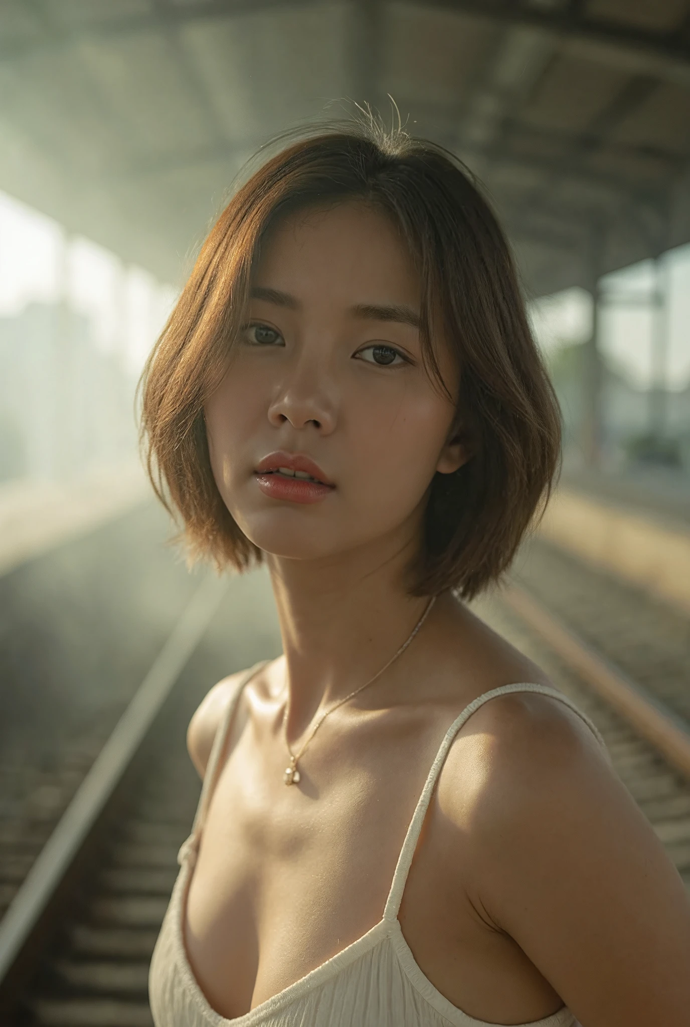 A full-body portrait of a young Thai woman standing in a railway station, looking sideways with a dreamy, cinematic gaze. Sunlight filters down, illuminating parts of her face and adding a soft warmth. A slight haze of smoke drifts through the scene, enhancing the atmospheric depth. She has short, slightly wavy hair framing her face and wears a delicate necklace with a small pendant. Her lips have a soft, glossy shine. The overall mood evokes a nostalgic, film-like quality, captured on 35mm film with ISO 800 for a warm, cinematic atmosphere.
