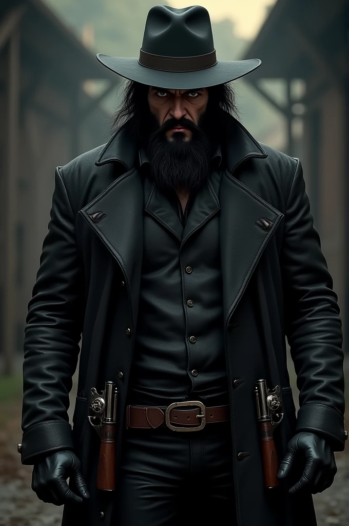 apocalypse post, charachter: Asian man with thin beard and long hair stuck black:1.3, 25 years old, Black Police Detective Uniform, Crucifixion on the chest, Emblem at the waist, Hold the shooter in your hand., Apocalypse powder