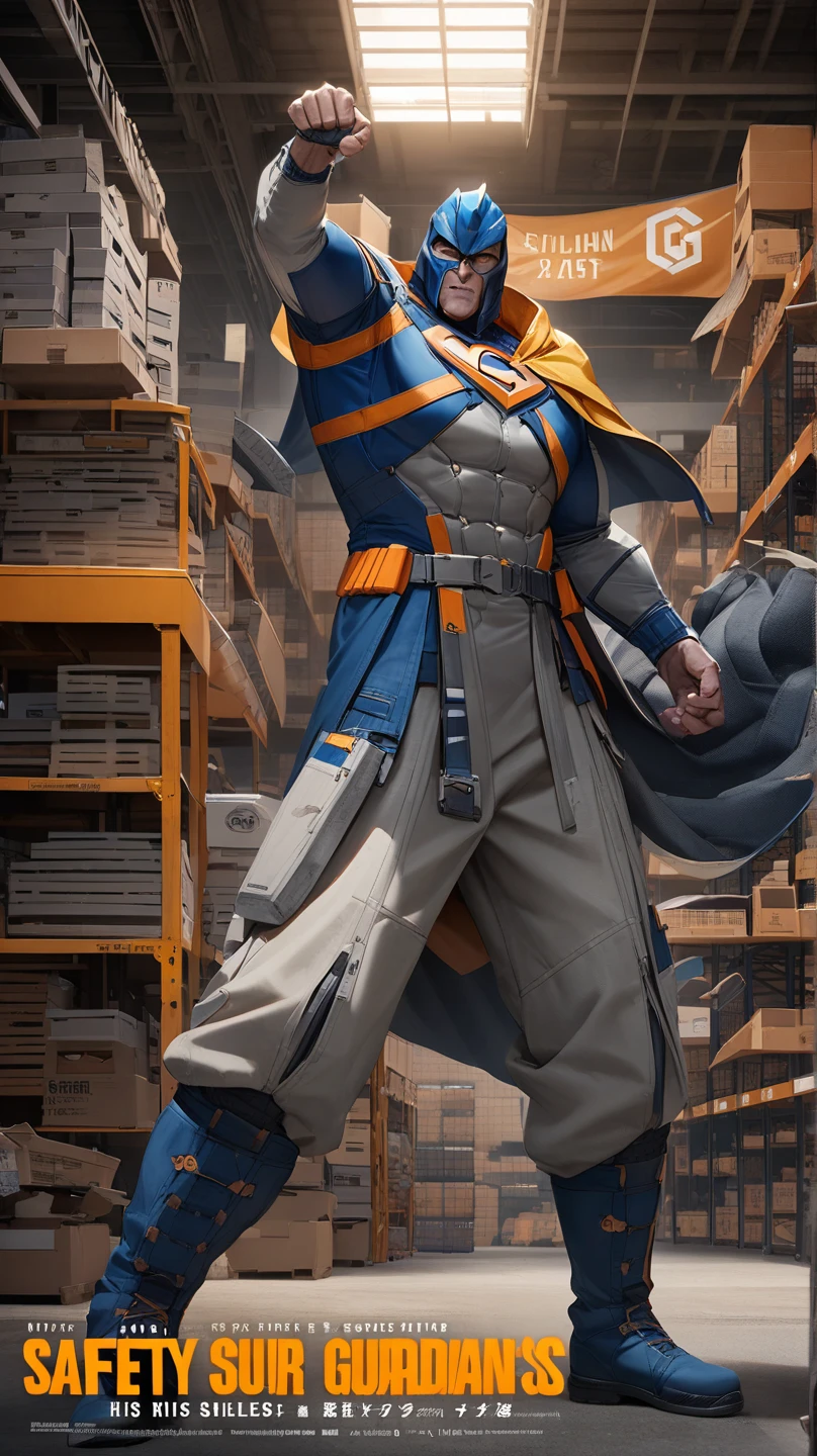 The poster for "Safety Guardians" showcases a striking view of a realistic image of a spacious warehouse interior. On the right side of the warehouse, there are tall blue storage racks filled with various boxes and items. On the left side, there are orange storage racks, also filled with boxes and items. The warehouse has a high ceiling with industrial lighting, and the floor is made of polished concrete. There are a few workers in safety vests and helmets moving around, organizing the items on the racks.

8 poses of Safety Guardians realistic and dynamic image of a superhero who is a hybrid of Magneto and Superman. This superhero has a strong and muscular build, exuding power and confidence. He wears a yellow cape that flows dramatically behind him. On his chest, there is a bold “G” logo. His upper clothing consists of a long-sleeve shirt with vertical stripes in blue, white, and blue. He wears white pants and blue boots that match the blue stripes on his shirt. The superhero stands in a heroic pose, ready to take on any challenge.

In the foreground, the subtitle “SAFETY IS OUR VALUE" is rendered in bold, stylized typography, seamlessly integrating with the overall design to evoke a sense of mystery and heritage. The "SHIELD WITH “G” letter in the middle" logo is subtly placed, adding an air of intrigue and connecting the narrative to the larger SAFETY GUARDIAN. The bottom credits, "AWU" are elegantly positioned, ensuring they complement rather than detract from the visual impact, while the overall style reflects a blend of product advertisement and text design illustration, creating a compelling promotional piece that captures the essence of the game.