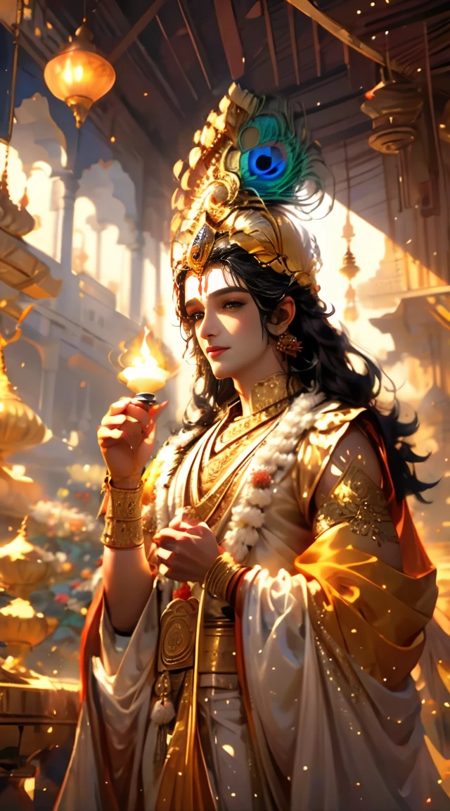 a close up of Lord Krishna holding a lit candle in his hands, hindu aesthetic, beautiful digital artwork, indian god, beautiful digital illustration, stunning digital illustration, beautiful avatar pictures, gorgeous digital painting, beautiful god, beautiful character painting, beautiful digital painting, artgerm and atey ghailan, beautiful lit, by Max Dauthendey, glowing flowing hair, peacock feathers on head, wearing a yellow cloth, big smile on his face