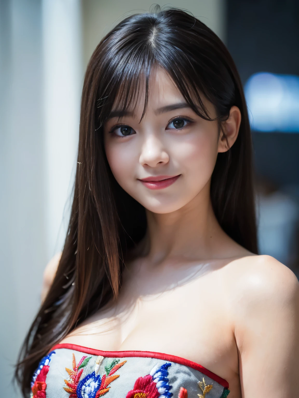 top-quality。８K-Picture。Young gravure idols。Beautiful Women in Perfect Style。Slender but the charm of the big breasts gap。Slim abs。dark brown  hair。(Colossal tits：1.4)。kawaii eyes。Double eyelids。long, Wavy Hair。Very delicately drawn face。Perfect Style。Shot in a red swimsuit。(The fate of gravure idols、Colossal tits：1.4)。Subtle smile or shyness。