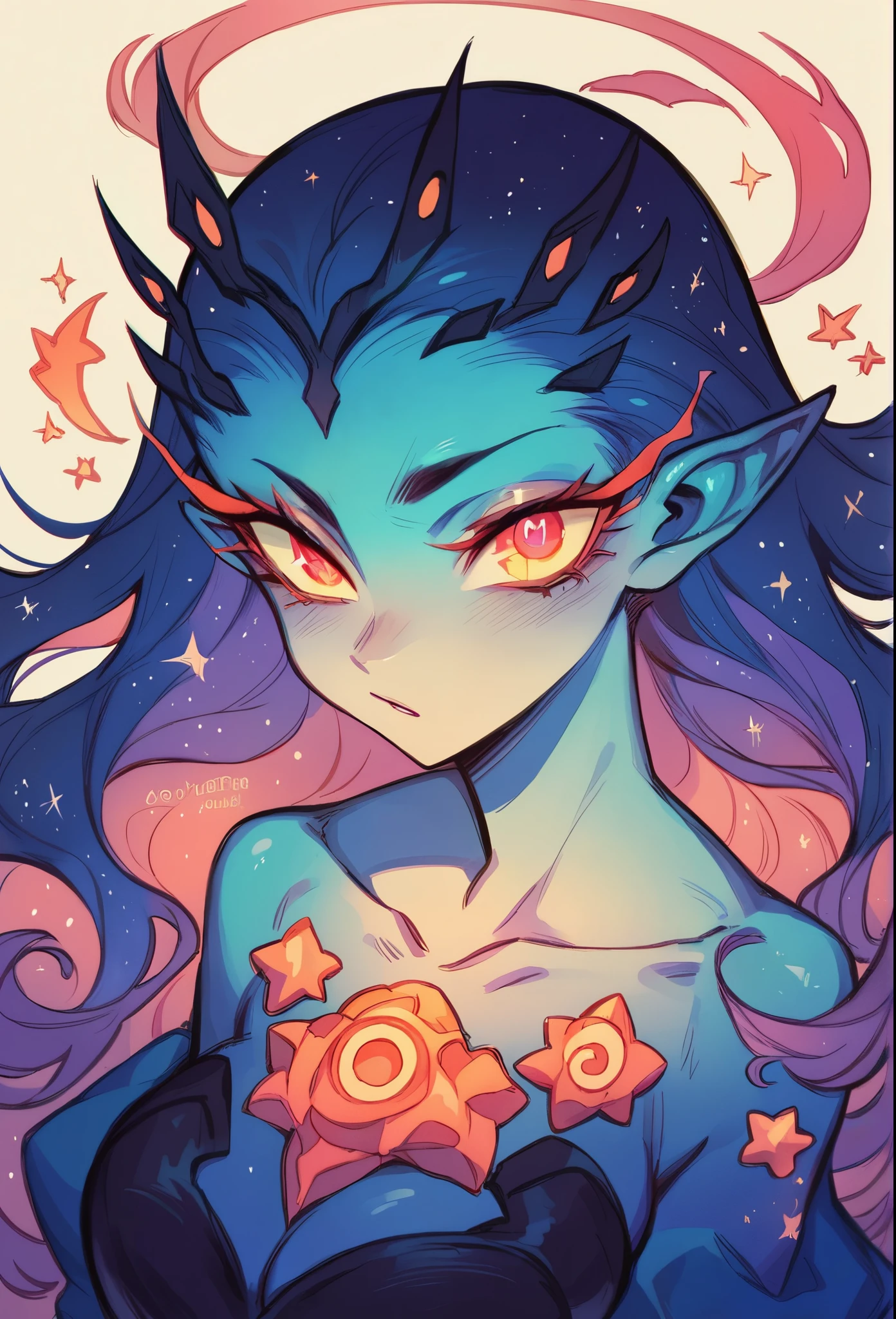 childish, skinny, cute, blue skin, young female demon, long hairstyle, twin tails, wide forehead, yellow eyes, long horns, flat chest, pert butt, white dress, extravagant, wide neckline, golden details, slit wide, sexy pose, in the magic garden, fantasy anime, Z-TON style, masterpiece, dynamic close-up,