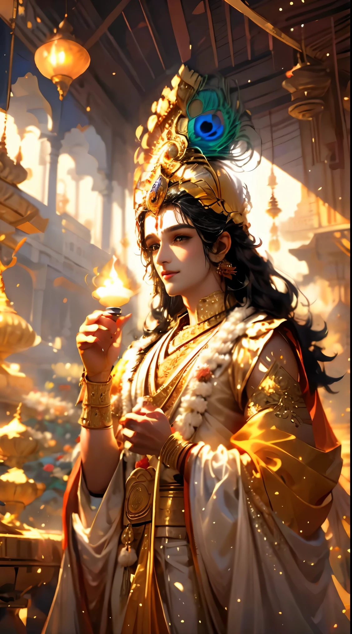 a close up of Lord Krishna holding a lit candle in his hands, hindu aesthetic, beautiful digital artwork, indian god, beautiful digital illustration, stunning digital illustration, beautiful avatar pictures, gorgeous digital painting, beautiful god, beautiful character painting, beautiful digital painting, artgerm and atey ghailan, beautiful lit, by Max Dauthendey, glowing flowing hair, peacock feathers on head, wearing a yellow cloth, big smile on his face