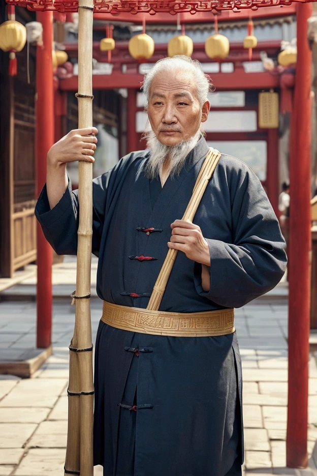 A man from ancient China, an old man from ancient China, a young man sweating profusely, stood at the city gate holding an extra long bamboo pole, and an old man holding a saw, ready to saw open the bamboo pole, demanding a picture book style with Chinese elements