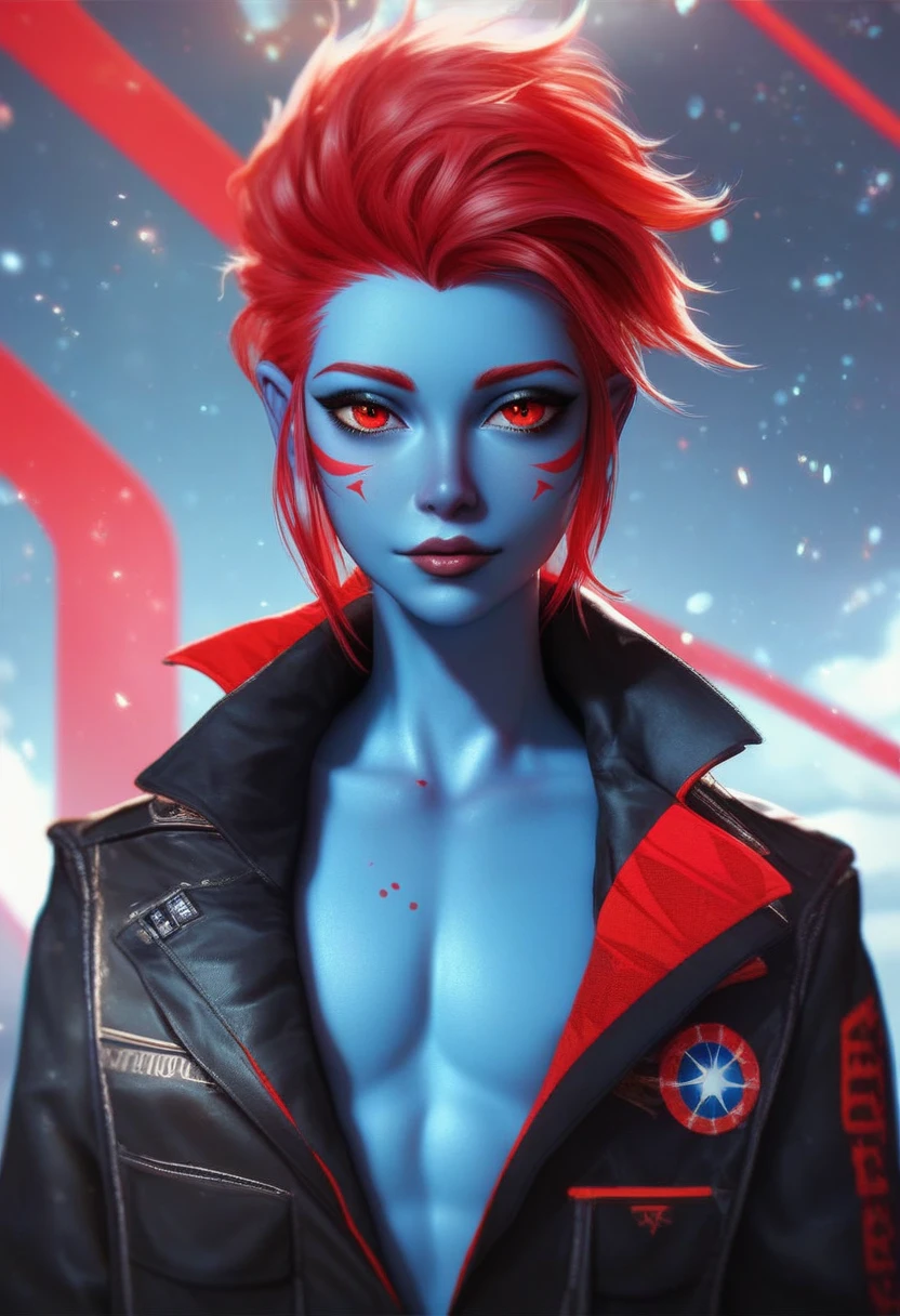 Oc,na’vi, a alien blue skin skinny buff femboy man wearing black trench-coat with a red mark on the bust,red hair,thick, in an 90’s style. He’s androgynous , fullbody,including some weapons and a sensual , cool expression.The scene has a cool,sweet,stargate/Bill Sienkiewicz style and a vibrant tone. Modern urban setting in the background.