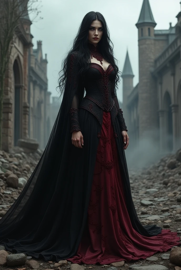 Fantasy art, Gothic art, (masterpiece:1.5), whole body, best details, very detailed, Best quality, glowing purple, a high resolution, Full-length portrait of a vampire, elf (masterpiece, Best quality: 1.6), ultra feminine, Wizard, (complex parts, masterpiece, Best quality: 1.5) with long, curly hair,  black hair hair, (red: 1.2) eyes, (Fantasy art, masterpiece, Best quality), ((Beautiful gentle face)), Ultra detailed face (complex parts, Fantasy art, masterpiece, Best quality: 1.5), [[vampire fangs 1.5]] (red cloak: 1.3) , flowing cloak (complex parts, Fantasy art, masterpiece, Best quality: 1.3), wear fancy clothes (BLUE:1.3) dress (complex parts, Fantasy art, masterpiece, Best quality: 1.5), high heel boots, City background (rich details, play up the details), Fantasy, In the Night Light, natural ,Moonlight, clouds, Gothic atmosphere, soft light, dynamic light, [[Anatomically correct]], high detail, Best quality, 8 K, [Ultra detailed], masterpiece, Best quality, (extremely detailed), Dynamic angle
