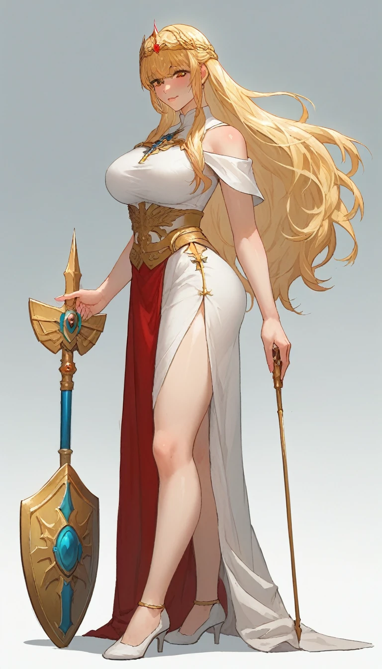 19 yo, (teen Sugar girl), (anime girl with long blonde straight smooth hair braidstrands and curtain-bangs:1.5), a saint/shield-bearer white-gold bareshoulders dress, simple golden-circlet, a priestess with amber eyes, anime moe artstyle, waifu, (mature woman with lean perfection abdomen:1.5), sweet sweet mommy's expression, blushing confident, (Droopiest Gigantic Largest), (1 arm behinds head - swaying hair), Curvy body, legs apart, (holding a Saint Staff on one hand and a Holy Shield on another hand:1.5), BREAK, simple white background, side view full body shot, (Smooth shading), subtle highlights, warm & soft pallette, polished painterly look, moe anime-style final fantasy brave exvius wars of the vision digital artstyle, character illustration style, character sheet, 2.5D, 128K UHDR Best Quallity