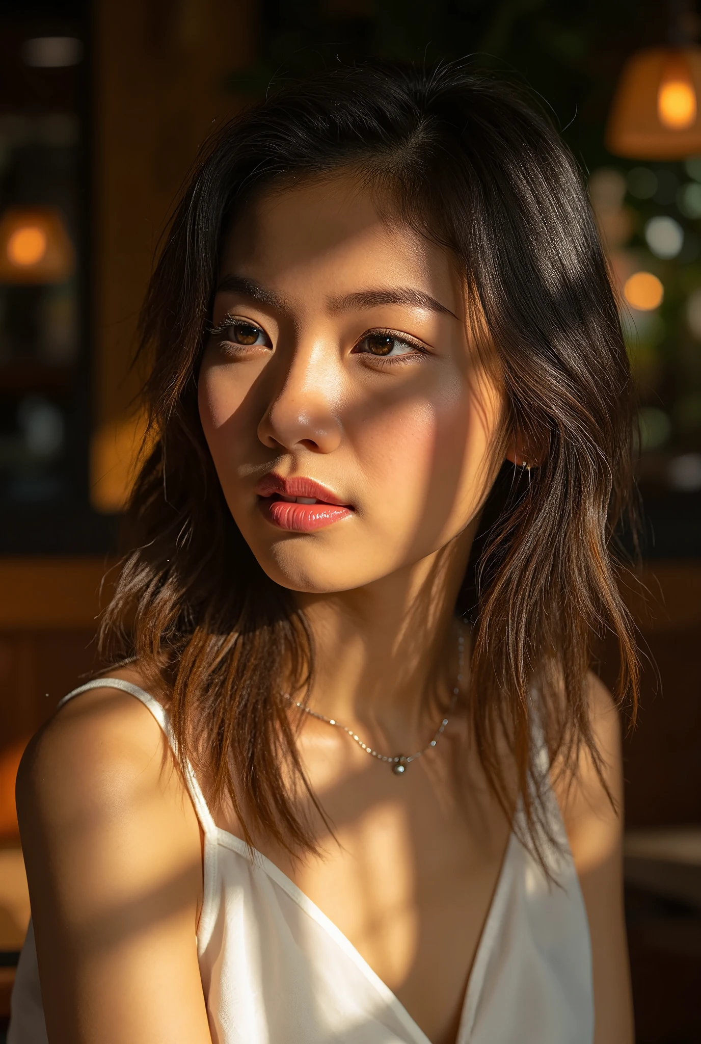 A portrait of a young Thai woman looking sidewards with a thoughtful expression. in cozy wooden cafe. Her face is softly illuminated, with shadows cast across her features, adding depth and a sense of mystery to the image. She has long, slightly wavy hair framing her face, and her eyes are highlighted by natural light. She wears a white sleeveless dress and a delicate necklace with a small pendant, complementing her subtle makeup and glossy lips. The overall mood of the photo is contemplative and serene, with a dreamy, artistic quality.