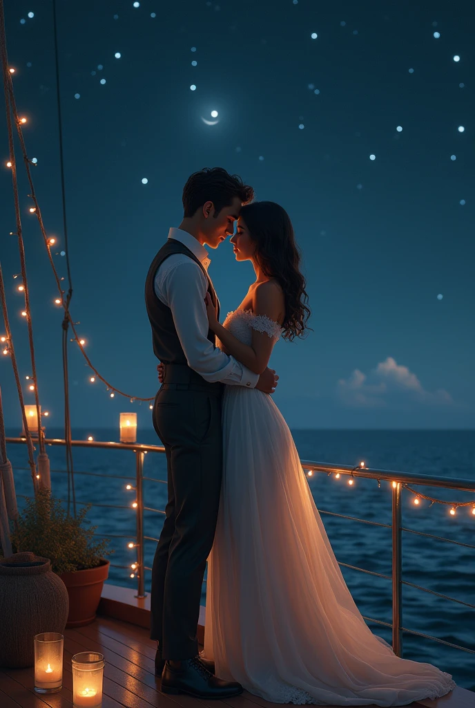 A stunning hyperrealistic painting of a romantic couple, seemingly lost in a dreamy world. The man is looking intently at the woman, who is looking down with a tender smile. They are surrounded by a surreal landscape with floating stars, a vibrant sunset, and abstract shapes, creating an otherworldly atmosphere. The colors are vivid and the overall image is filled with a sense of love and wonder.