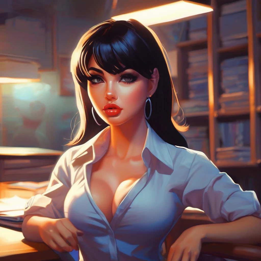 Masterpiece painting  by Ilya Kuvshinov of slutty posing bimbo ******girl in class, bmbplora, ultra detailed, cleavage, thick brows, mega , enormous chest, black hair, full_lips, , makeup, lips slutty, sexy outfit, ultrares, absurdres, 8K, ultra quality, dramatic lighting, girly, Gigantic breast implant, addicted to breast augmentation, addicted to larger breast implants, Gigantic implant, Gigantic fake breast