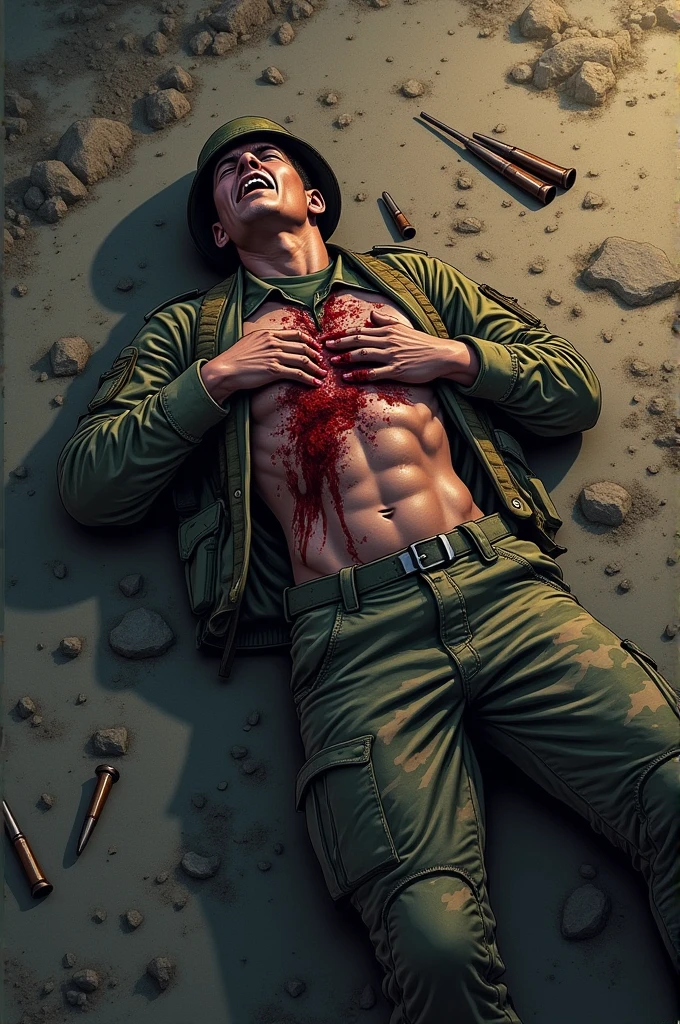 A 2 man who is a soldier and he has fallen on the stone and he is addicted to blood. and screaming in pain.