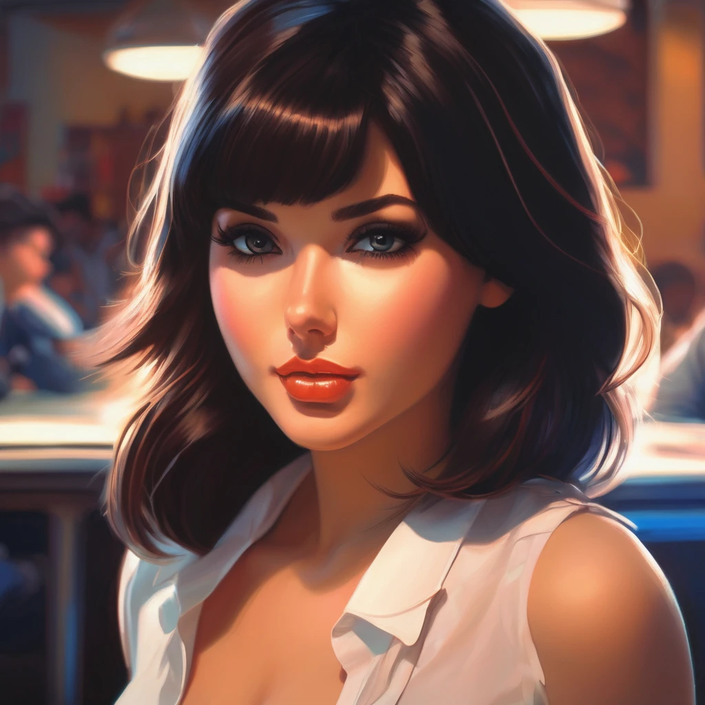 Masterpiece painting  by Ilya Kuvshinov of slutty posing bimbo schoolgirl in class, bmbplora, ultra detailed, cleavage, thick brows, mega , enormous chest, black hair, full_lips, , makeup, lips slutty, sexy outfit, ultrares, absurdres, 8K, ultra quality, dramatic lighting, girly, Gigantic breast implant, addicted to breast augmentation, addicted to larger breast implants, Gigantic implant, Gigantic fake breast