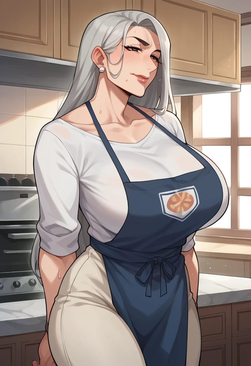 Hyper realistic, grandmother, gilf, mature female, perfect face, perfect lighting, Gray Hair、Long Hair、sexy lips, sexy female, closed mouth, large breasts, sweat,Stand upright、mature female,((Tシャツ、デニム長ズボン、青いapron))