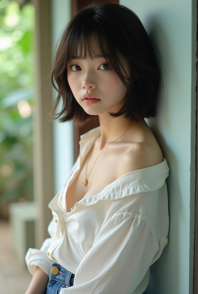 One beautiful woman, front, waist up angle, detailed eyes, big eyes, black eyes, fair skin, slender, black hair, short hair, wet hair, wet skin, background is hotel room with night view, rain outside window, water drops on window, swollen eyes, sad expression, sexy, dressed in plain white t-shirt, night, straight hair, bangs,