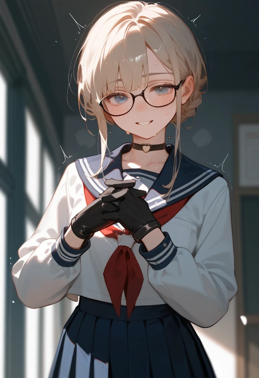 Score_9,Score_8_up,Score_7_up,highest quality,detailed,1 girl,slim,glasses, choker:1.3, wearing school uniform, Pleated miniskirt, black gloves, gloves covering hands, ,looking Happy,Happy with me , blushing, sweating ,trembling, sweat,
