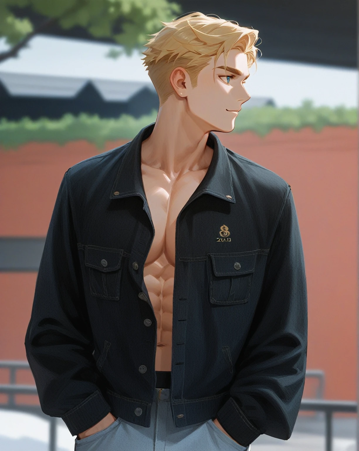 score_9, score_8_up, score_7_up, score_6_up, score_5_up, score_4_up, source_anime BREAK manly, blonde hair, yellow eyes, male focus, pecs, pink nipples, male nipples, muscular male, outdoors, standing, looking at you, solo, blush, jacket, embarrassed, arms behind back <lora:WonbinLeeXL:1>