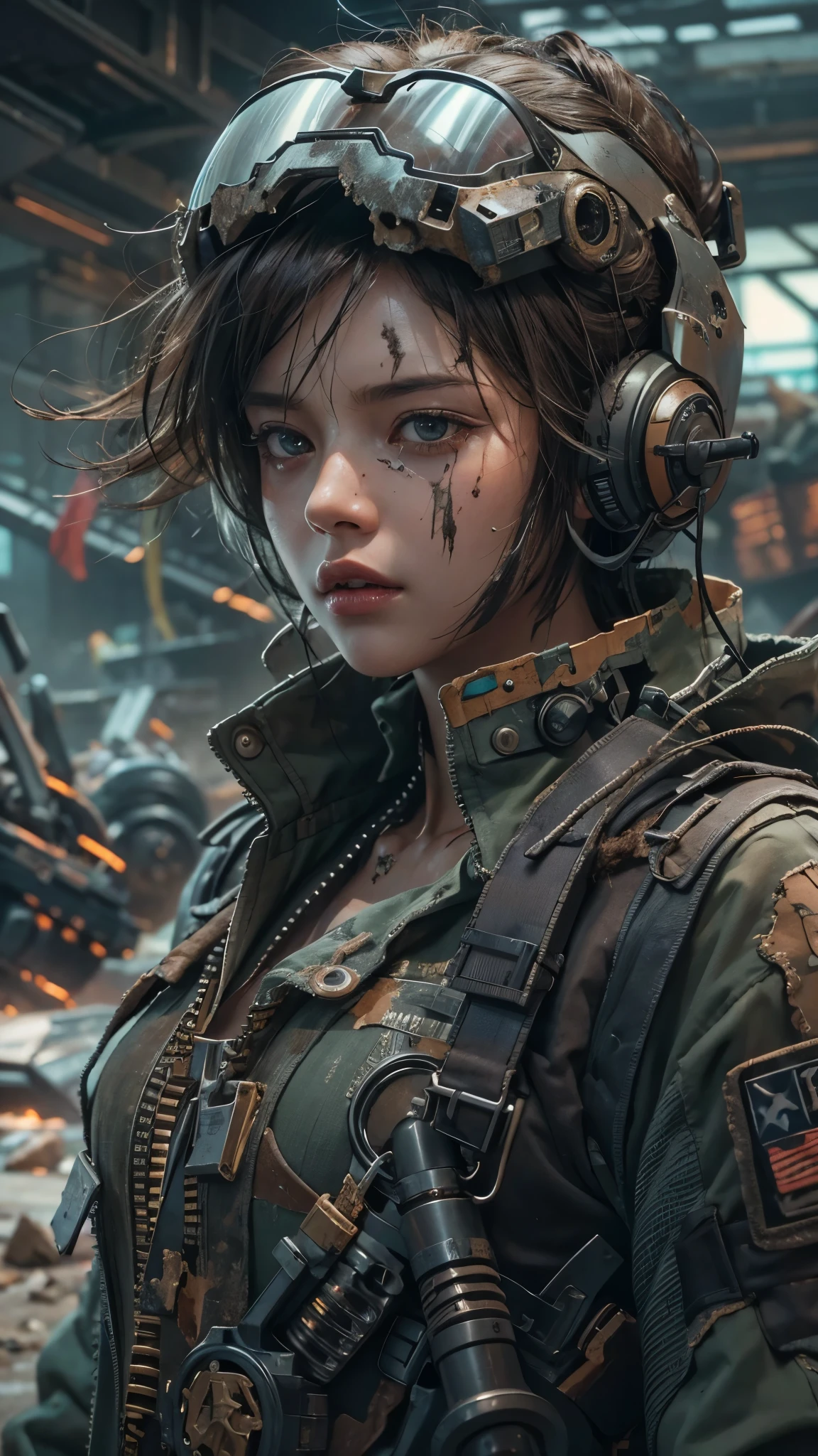 arafed image of a woman with a face full of blood and a man in a suit behind her, still frame from prometheus, in style of luis royo, mechanized soldier girl, by Marek Okon, artificial intelligence logo, miners, grey armor, wet make - up, sexy movie photo, icon for an ai app, portrait of a female ranger